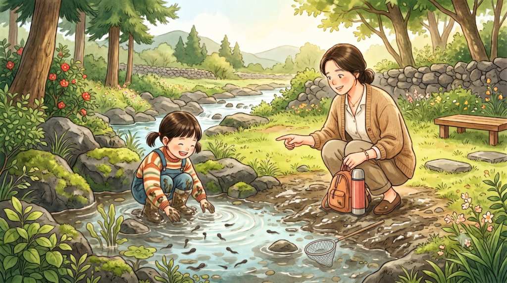 숲속 냇가 웅덩이서 질척질척하고 미끄러운 진흙 땅에 장화를 신은 어린아이가 쪼그리고 앉아 손으로 올챙이들을 만지며 놀고 있습니다. 바로 옆에는 가방과 텀블러를 곁에 둔 어머니가 다정하면서도 걱정스러운 표정으로 앉아, 안전하고 평평한 풀밭 쪽에서 놀라고 말하고 있는 따뜻한 수채화 풍의 일러스트입니다.