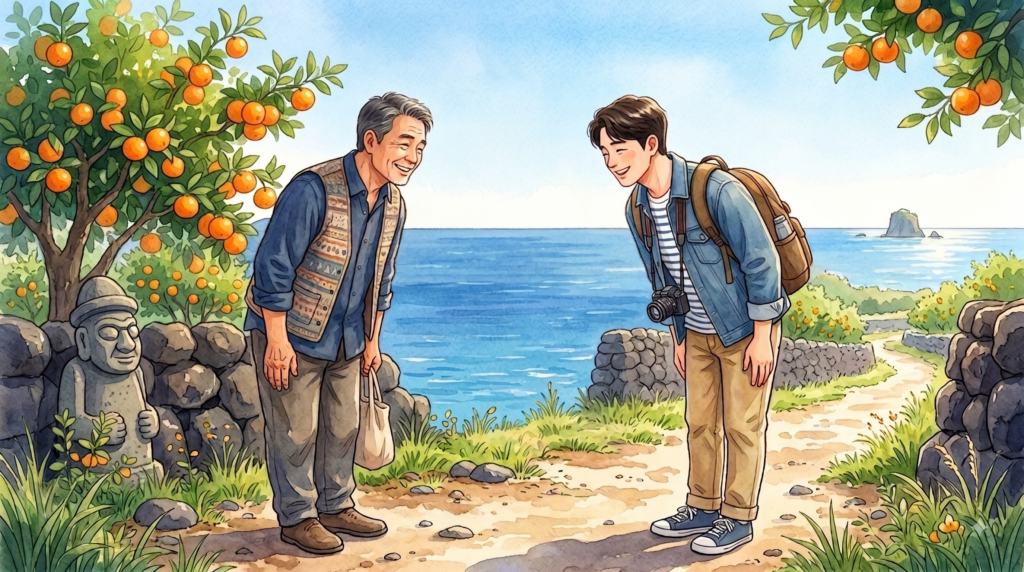 이 그림은 주황색 귤이 주렁주렁 열린 제주의 바닷가 돌담길에서, 파란 조끼를 입고 가방을 든 정겨운 제주 토박이 어르신과 배낭과 카메라를 메고 데님 셔츠를 입은 청년 여행객이 서로 마주 보며 정중하게 허리를 굽혀 밝게 웃으며 인사하는 장면을 담고 있습니다. 배경으로는 돌하르방, 먼바다, 그리고 작은 섬이 보입니다.