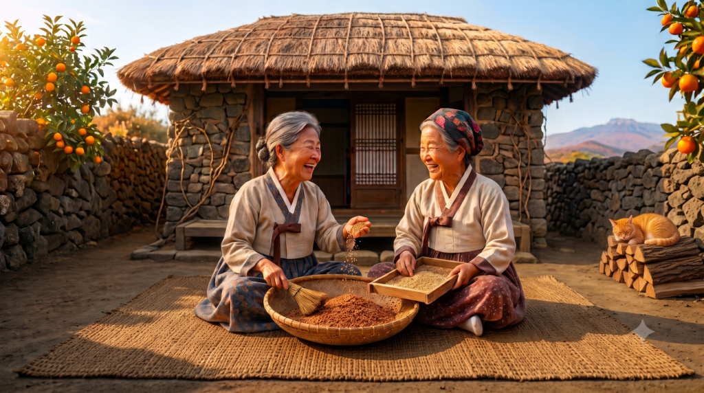 전통 한복을 입은 두 제주 할머니가 돌담과 귤나무로 둘러쌓인 초가집 앞마당 멍석 위에서 소쿠리에 담긴 곡식을 다듬으며 환하게 웃고 있는 정겨운 제주 풍경