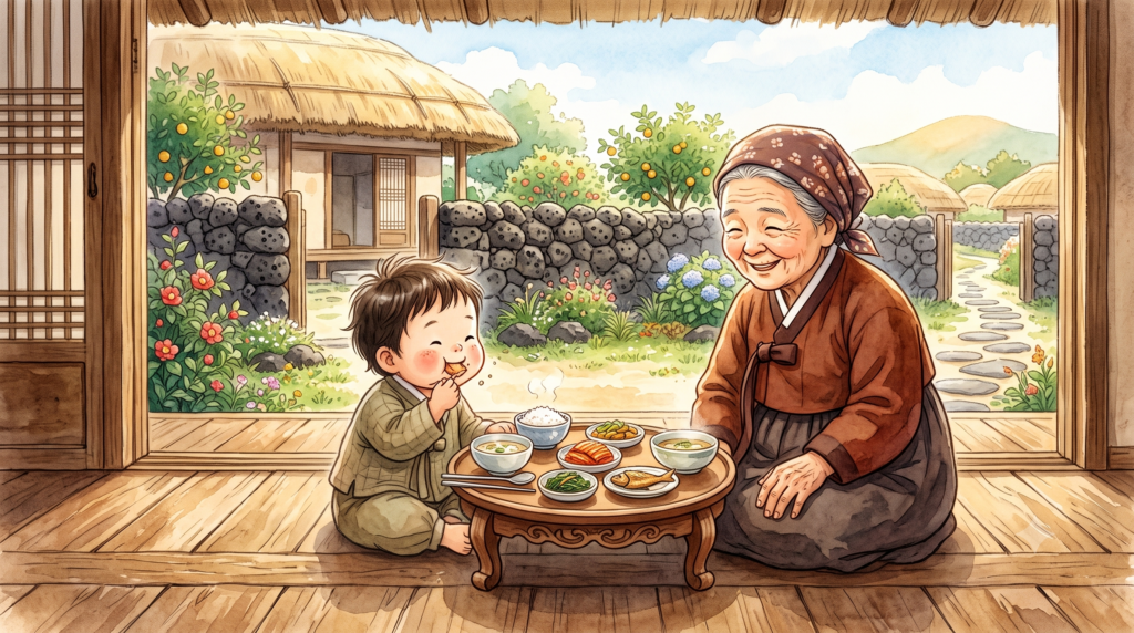 현무암 돌담과 귤나무가 보이는 제주 전통 초가집의 마루에 정갈한 상차림이 차려져 있습니다. 어린아이(두린 몽생이)가 마루에 앉아 볼을 빵빵하게 밝은 표정으로 밥과 반찬(촐레)을 맛있게 오물오물 먹고 있으며, 옆에 앉은 할머니는 수건을 머리에 쓰고 아이를 사랑 가득한 눈빛과 미소로 바라보고 있는 정겹고 따뜻한 일러스트입니다.