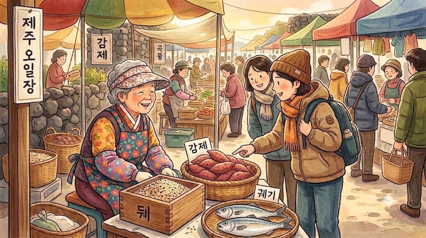 제주 전통 오일장에서 할머니 상인(삼춘)이 네모난 뒈(되)에 담긴 곡식과 소쿠리에 담긴 감제(고구마), 싱싱하고 살찐 생선을 앞에 두고 손님과 환한 미소로 가격을 주고받으며 대화하는 정겹고 따뜻한 일러스트